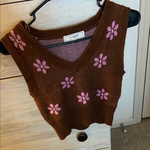 no comment Brown V-Neck Floral Knit Sweater Vest